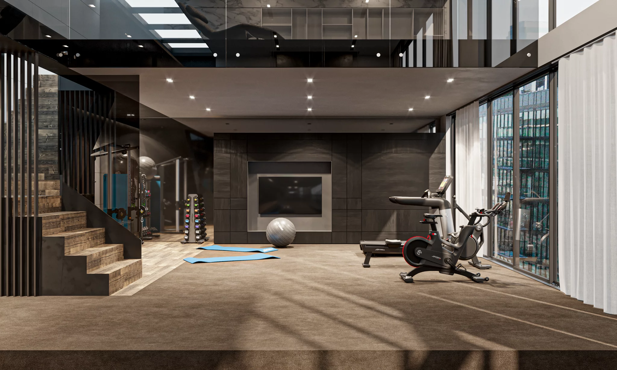 Hjemmegym i loftsleilighet, premiumprodukter fra Life Fitness